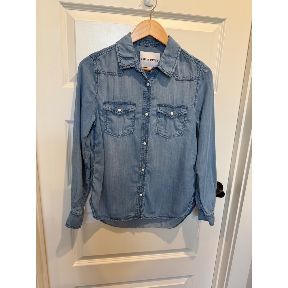 Lola River Womens Light Wash Tencel Lyocell Western Snap Front Shirt Blue XS